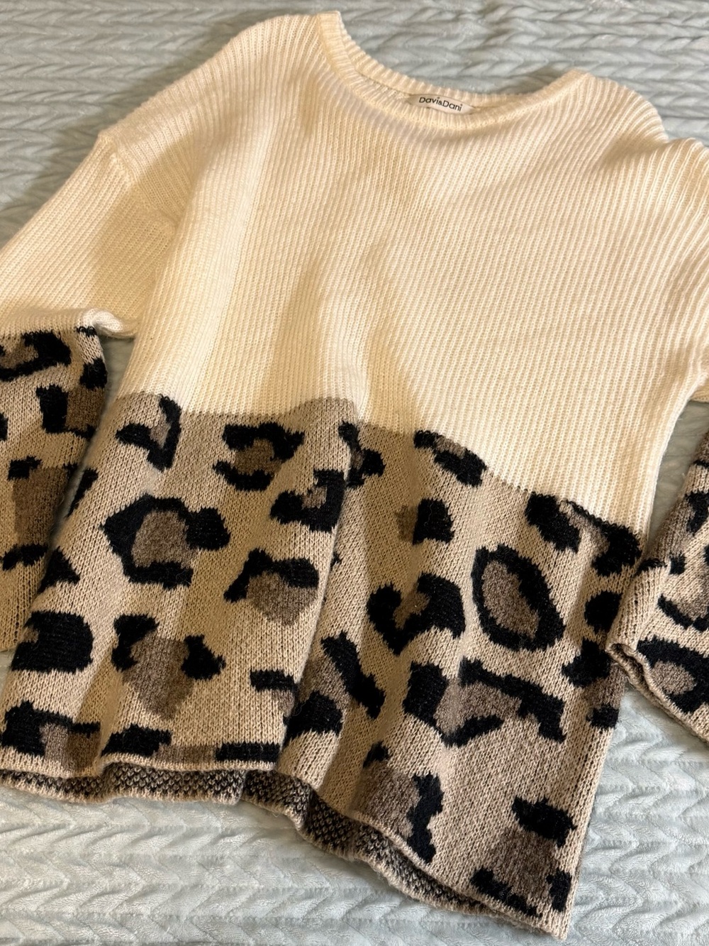 DAVI & DANI Cream and Taupe Leopard Colorblock Crew Sweater